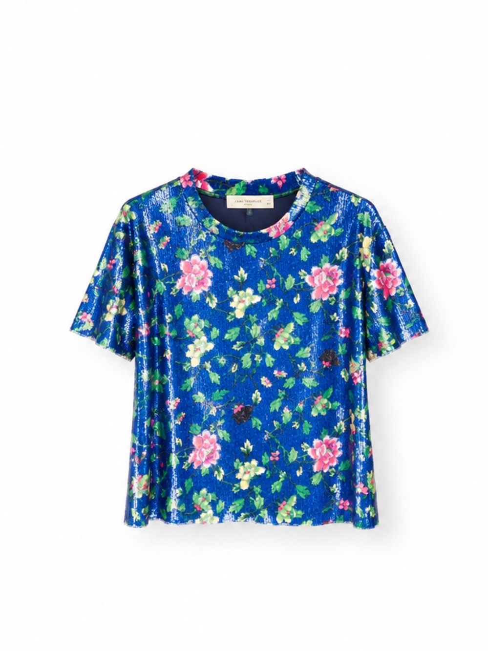 Zara Royal Blue Floral Sequin Short Sleeve Top